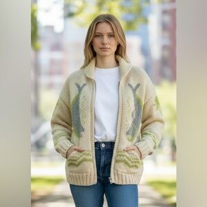 Vintage White Cream Green Cowichan Hand Knit sweater whale fish salmon cardigan